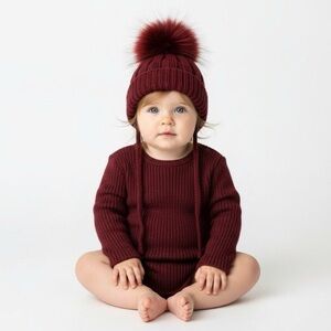 Burgundy Kids Beanie With Fur Pom Pom size Small